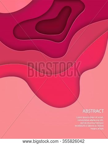 Vertical Pink Banner With 3d Abstract Waves Background And Paper Cut Shapes.