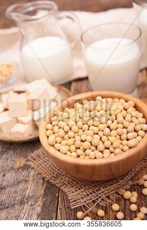 soybeans, soy milk, soymeat, tofu assortment