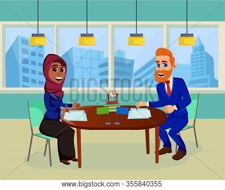 Multi-ethnic Partners Signing Joint Business Agreement. Bearded Caucasian Man And Arabian Woman In T