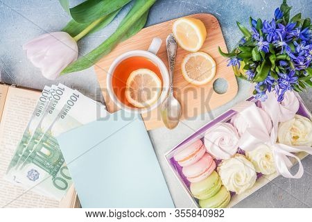 Euro Trip Concept With Beautiful Sweet Breakfast, Flowers, Euro Bills, Alarm Clock And Empty Paper F