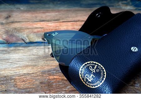 Kharkiv, Ukraine - March 12, 2020: Illustrative Editorial Of The Fragment Of Ray-ban Sunglasses In T