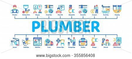 Plumber Profession Minimal Infographic Web Banner Vector. Plumber Worker And Equipment, Faucet And P