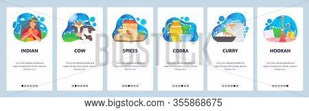 Indian Traditional Culture And Food. Indian Girl, Holy Cow, Curry. Mobile App Onboarding Screens. Me