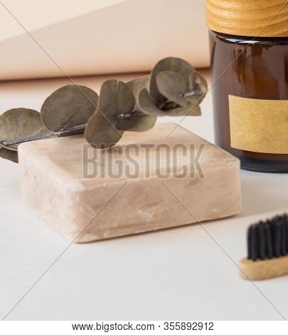 Handmade Bar Of Soap, Pumice Stone And Washcloth. Olive Soap, Facecloth And Pumice Stone On Wooden B