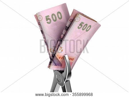 A Pair Of Medical Pliers Gripping A Rolled Up Pair Of Thailand Bhat Bank Notes On An Isolated White 