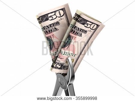 A Pair Of Medical Pliers Gripping A Rolled Up Pair Of Us Dollar Bank Notes On An Isolated White Stud