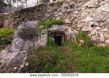 Jerusalem, Israel, February 29, 2020 : Ritual Cave For Burial In The Gey Ben Hinnom Park - Called In