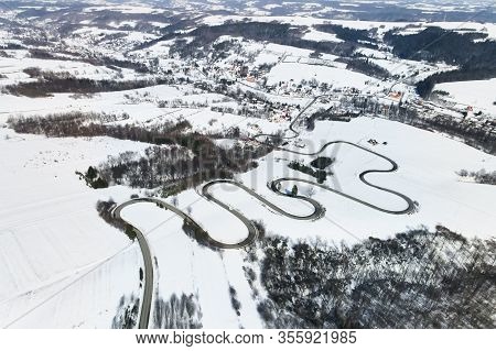 Drone Photo Of Road Serpentines In Winter