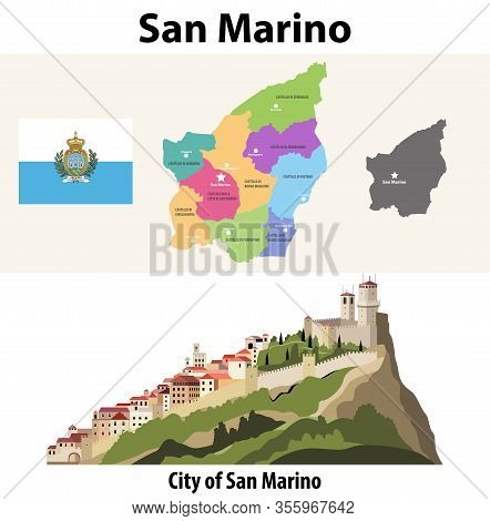 San Marino Administrative Divisions Vector Map. Illustration Of The Fortress Of Guaita On Mount Tita