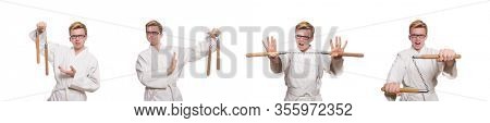 Funny karate fighter with nunchucks on white