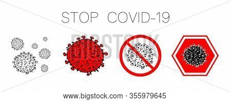 Set Of 4 2019-ncov Bacteria Isolated On White Background. Few Coronavirus In Red Circle Vector Icon.
