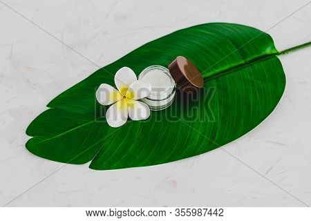 Vegan Natural Beauty, Pot Of Face Cream And Bottle Of Body Lotion On Green Leaves With Monoi Flowers
