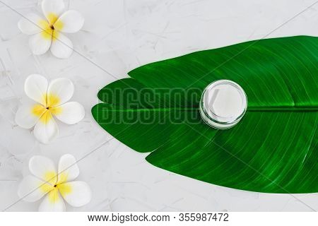 Vegan Natural Beauty, Pot Of Face Cream And Bottle Of Body Lotion On Green Leaves With Monoi Flowers
