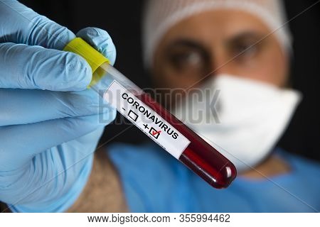Blood Sample Tube Positive With Label Covid-19 Or Novel Coronavirus