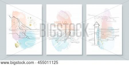 Summer Tropical Wall Arts Background. Mountains, Surf, Bridge, Lifeguard Tower Line Arts. Watercolor