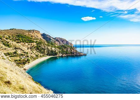 Coast Seaside Landscape In Andalusia. Cliffs Of Maro Cerro Gordo Natural Park, Near Nerja, Malaga Pr