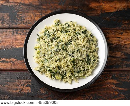 Spanakorizo, Greek Spinach Rice. Healthy Vegetarian Food.