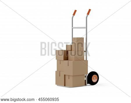 Silver Wheel Barrow Or Hand Truck With Cardboard Boxes And Parcels Standing Over White Background, D