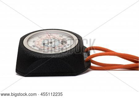 Closeup Of An Old Vintage Retro Black Analog Altimeter Lying On White Background With Scale Pointer 