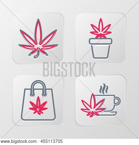 Set Line Cup Tea With Marijuana, Shopping Bag Of, Marijuana Plant Pot And Or Cannabis Leaf Icon. Vec