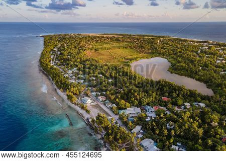 Aerial View Of Tropical Beach Landscape At Fuvahmulah Island, A Famous Dive Site For Tiger Sharks In