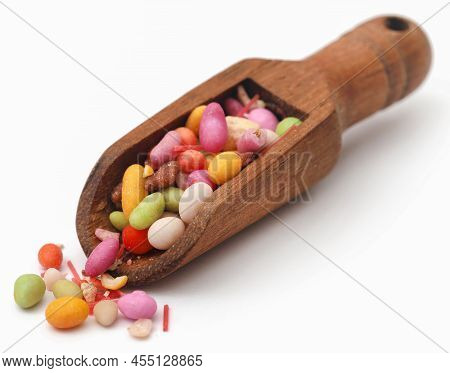 Colorful Paan Masala Spice For Eating Betel Leaf Over White Background