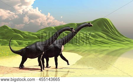 Two Brachiosaurus Dinosaurs 3d Illustration - Rolling Green Hills End At A Lakeshore As Herbivorous 