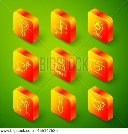 Set Line Female Gender Symbol, Music Note, Wedding Rings, Amour With Heart And Arrow, Cake, Greeting