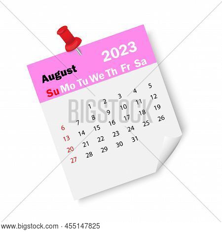 Raspberry Calendar August 2023 With Pin. Calendar Reminder 2023. Business Plan Schedule. Vector Illu