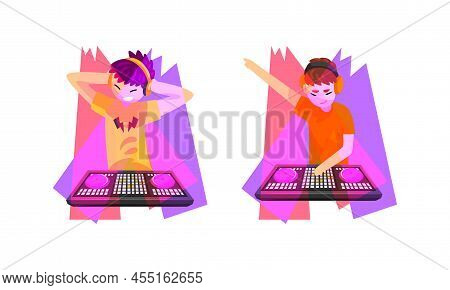 Club Disc Jockey Or Dj Playing Recorded Music At Console Mixer And Mixing Sound With Turntable Vecto