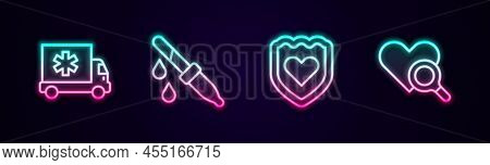 Set Line Ambulance Car, Pipette, Immune System And Medical Heart Inspection. Glowing Neon Icon. Vect