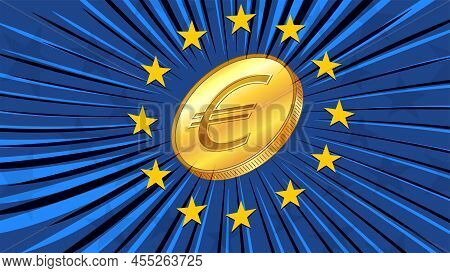 Golden Coin With Sign Currency Eur And The Blue Flag Of European Union With Stars. Cbdc Concept. Int