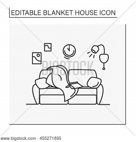 Living Room Line Icon. Comfortable Room In The House. Cozy Design. Sofa With Pillows, Wall Lamp, Pic