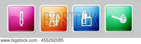 Set Line Cigarette, Hookah, Vape Mod Device And Burning Match With Fire. Colorful Square Button. Vec