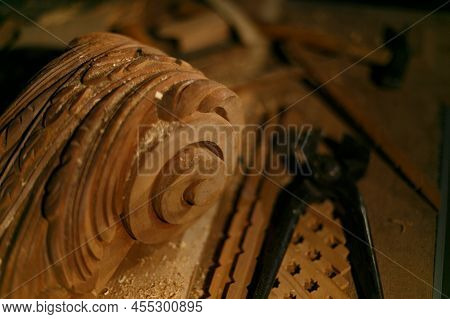 Craftsmans Hands Working On Wood Carving, With Gouge And Chisel Cabinetmaker, Carpentry