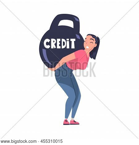 Severity Of Mortgage With Woman Holding Huge Kettlebell As Heavy Burden Of Credit Vector Illustratio
