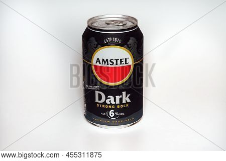 Thessaloniki, Greece - May 19 2022: Amstel Dark Strong Bock Greek Alcohol Beer With Name And Logo On