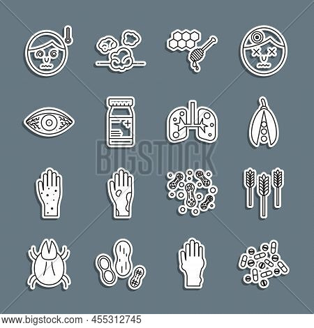 Set Line Medicine Pill Or Tablet, Wheat, Kidney Beans, Honeycomb With Honey Dipper, Bottle And Pills