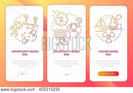Risks Types Red Gradient Onboarding Mobile App Screen. Problems Analysing Walkthrough 3 Steps Graphi