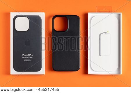 Antalya, Turkey - May 26, 2021: Newly Designed Midnight Black Magsafe Leather Case For Apple Iphone 