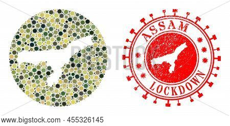 Vector Mosaic Assam State Map Of Covid Elements And Grunge Lockdown Seal. Mosaic Geographic Assam St