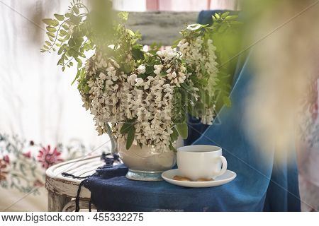 Acacia Flowers In White Vase. Still Life Wit Acacia Flowers On Vintage Shair.
