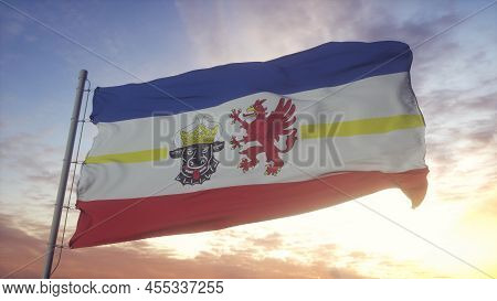 Mecklenburg-western Pomerania Flag, Germany, Waving In The Wind, Sky And Sun Background. 3d Illustra
