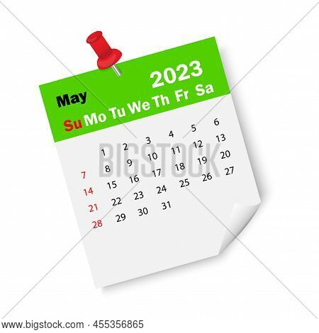 Green Calendar May 2023 With Pin. Calendar Reminder 2023. Business Plan Schedule. Vector Illustratio