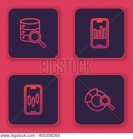 Set Line Server, Mobile Stock Trading, With Graph And Search Data Analysis. Blue Square Button. Vect
