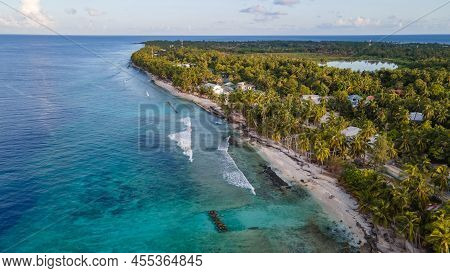 Aerial View Of Tropical Beach Landscape At Fuvahmulah Island, A Famous Dive Site For Tiger Sharks In