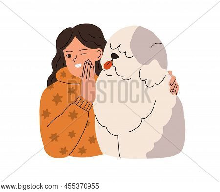 Happy Child Hugging Big Bob-tailed Dog. Pet Owner Kid And Doggy Friend. Love And Friendship Of Girl 