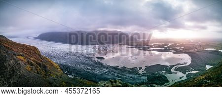 Spectacular Wide Panorama To Massive Glacier With Clouds And Ray Lights