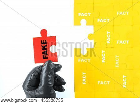A Hand In A Black Glove Holds A Red Puzzle With The Inscription Fake Next To The Assembled Compositi