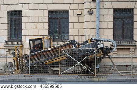 Repair Special Equipment On The Sidewalk At The Facade Of A Residential Building, Zanevsky Prospekt,